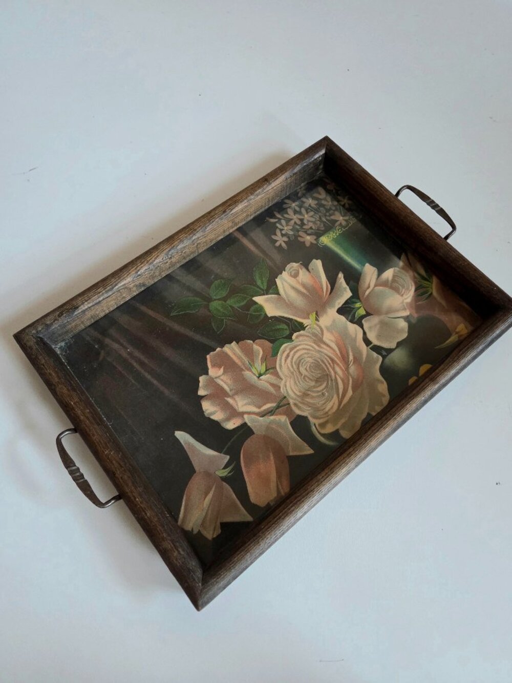 Vintage Wooden Serving Tray Floral Rose Print Under Glass Metal Handles